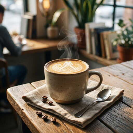 Parująca filiżanka latte art w ceramicznej kubku, przytulne poranne światło kawiarni, rustykalny drewniany stół, fotografia produktów w stylu życia