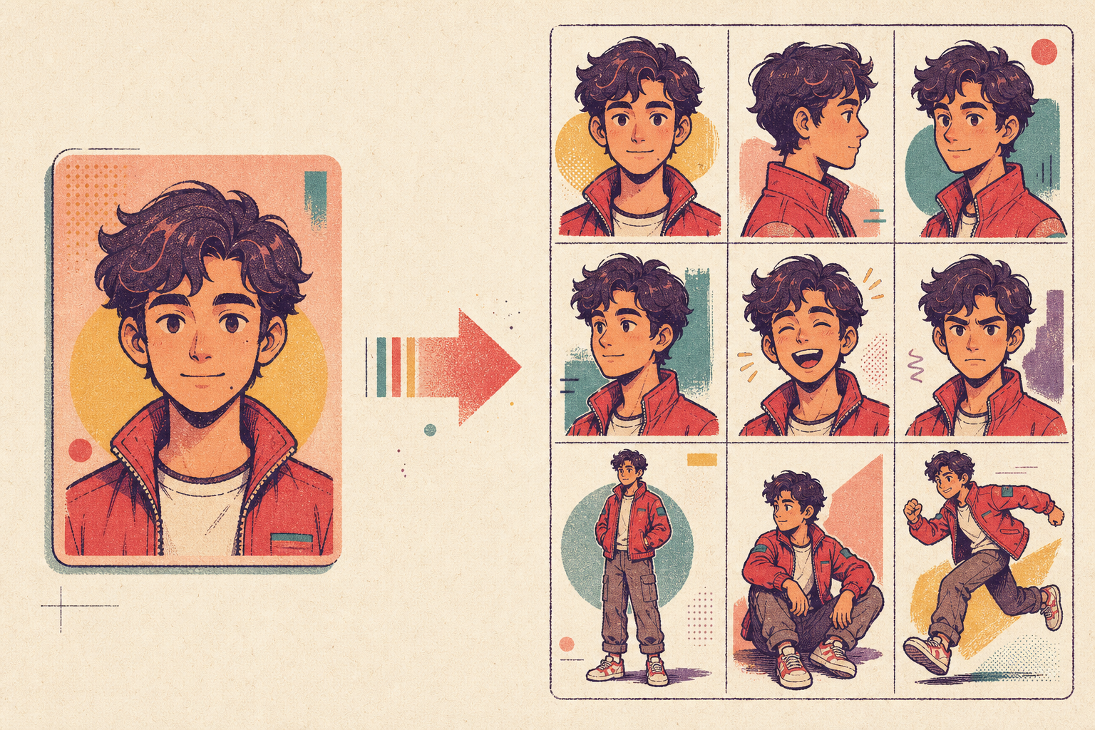 A single actor portrait expanded into a coherent model sheet with several angles, expressions, and poses.