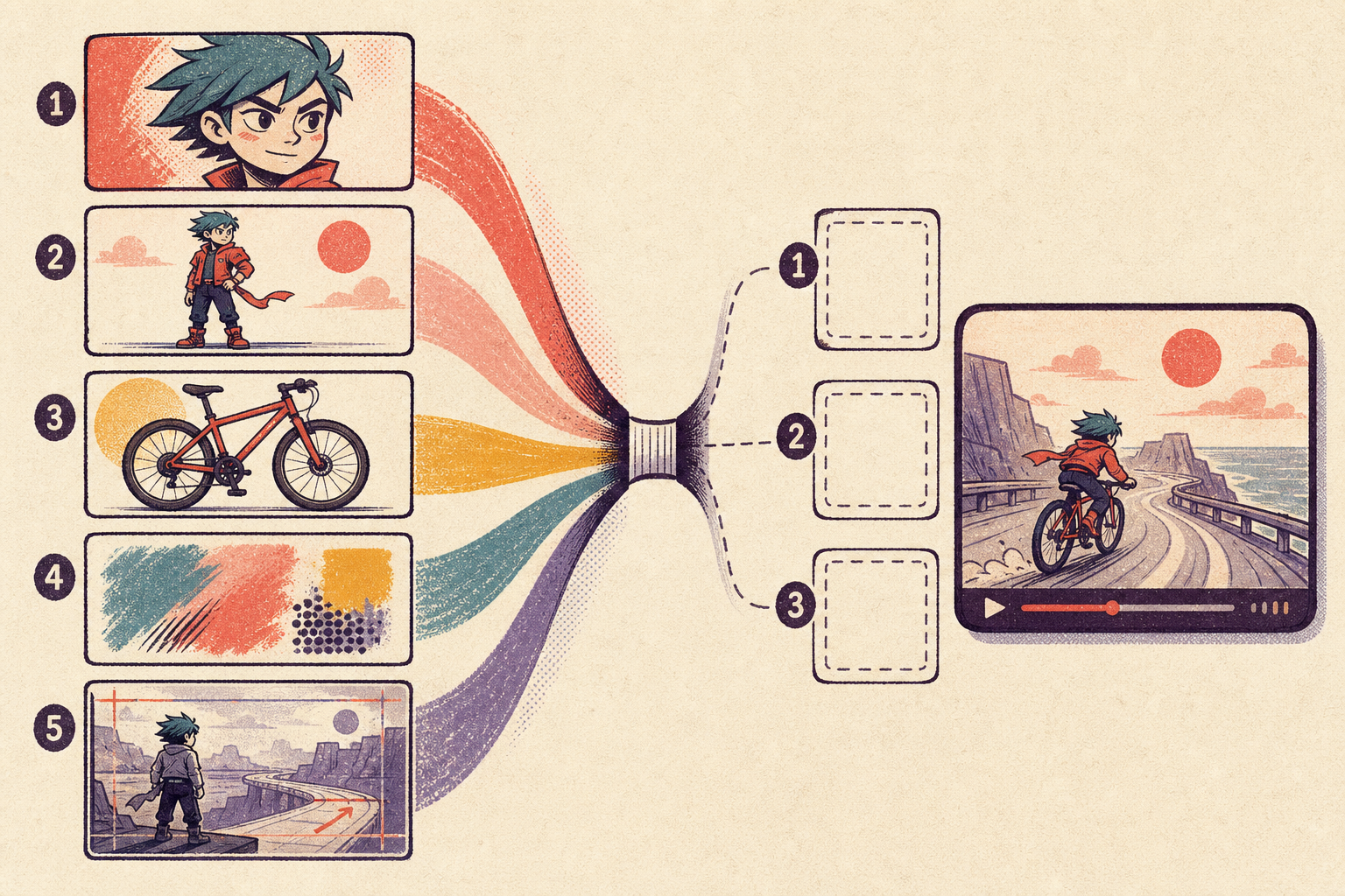 Five visual references competing for three model attachment slots.
