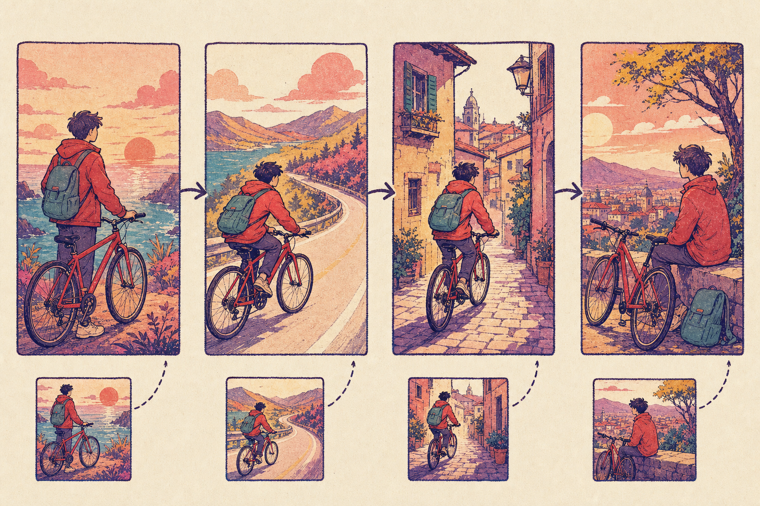 Earlier storyboard frames feeding visual context into each scene that follows.