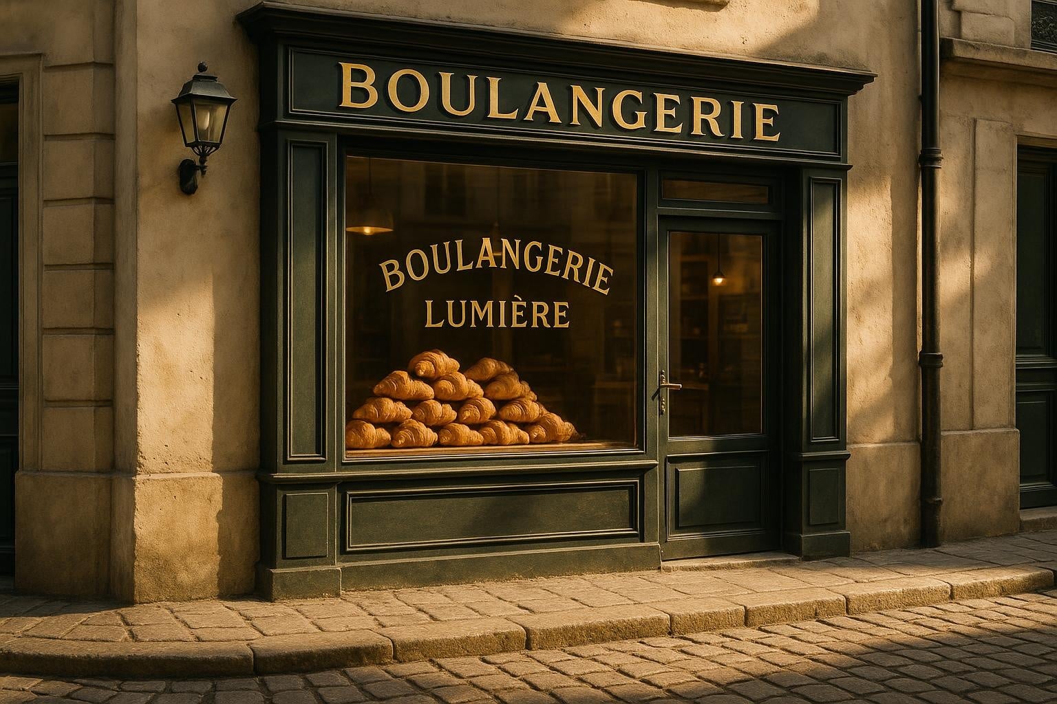 Fachada fotorrealista de uma padaria parisiense com 'BOULANGERIE LUMIERE' pintado em ouro na vitrine, croissants empilhados na vitrine, luz matinal suave nos paralelepípedos