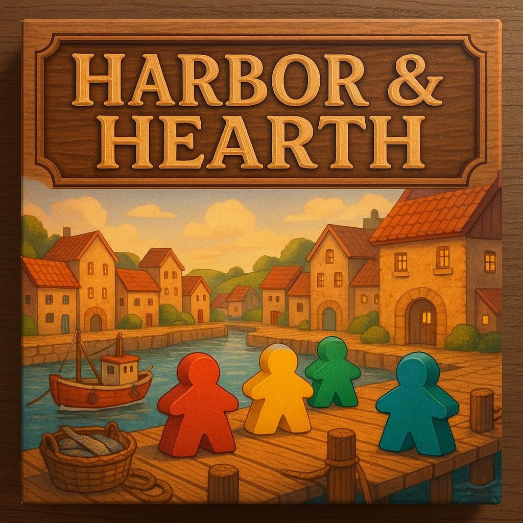 Arte de caixa de jogo de tabuleiro intitulado 'HARBOR & HEARTH' em letras de madeira esculpidas, vila de pescadores ilustrada aconchegante com personagens meeple dos jogadores nos cais, estilo de arte de mesa caloroso e convidativo