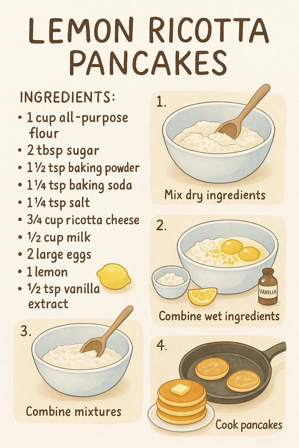 Cartão de receita ilustrado para panquecas de ricota com limão, com o título em uma caligrafia amigável, lista de ingredientes na lateral e pequenos desenhos passo a passo, paleta de tons pastéis suaves