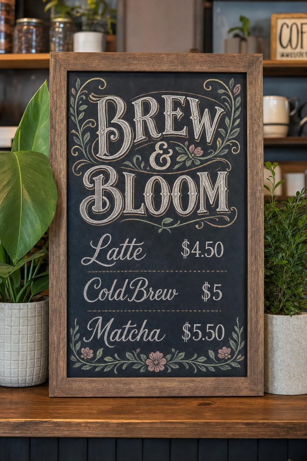 Menu de quadro-negro de café vertical fotorrealista que diz 'BREW & BLOOM — Latte $4,50, Cold Brew $5, Matcha $5,50' em letras ornamentadas feitas à mão, vasos de plantas em ambos os lados, composição alta em formato de story