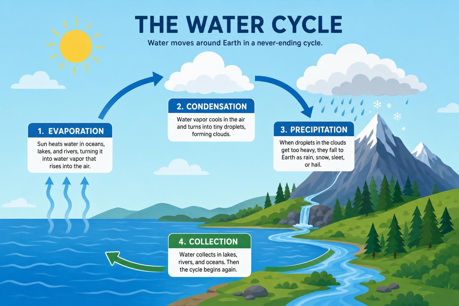 Infográfico de design plano limpo explicando o ciclo da água com setas rotuladas para evaporação, condensação, precipitação e coleta