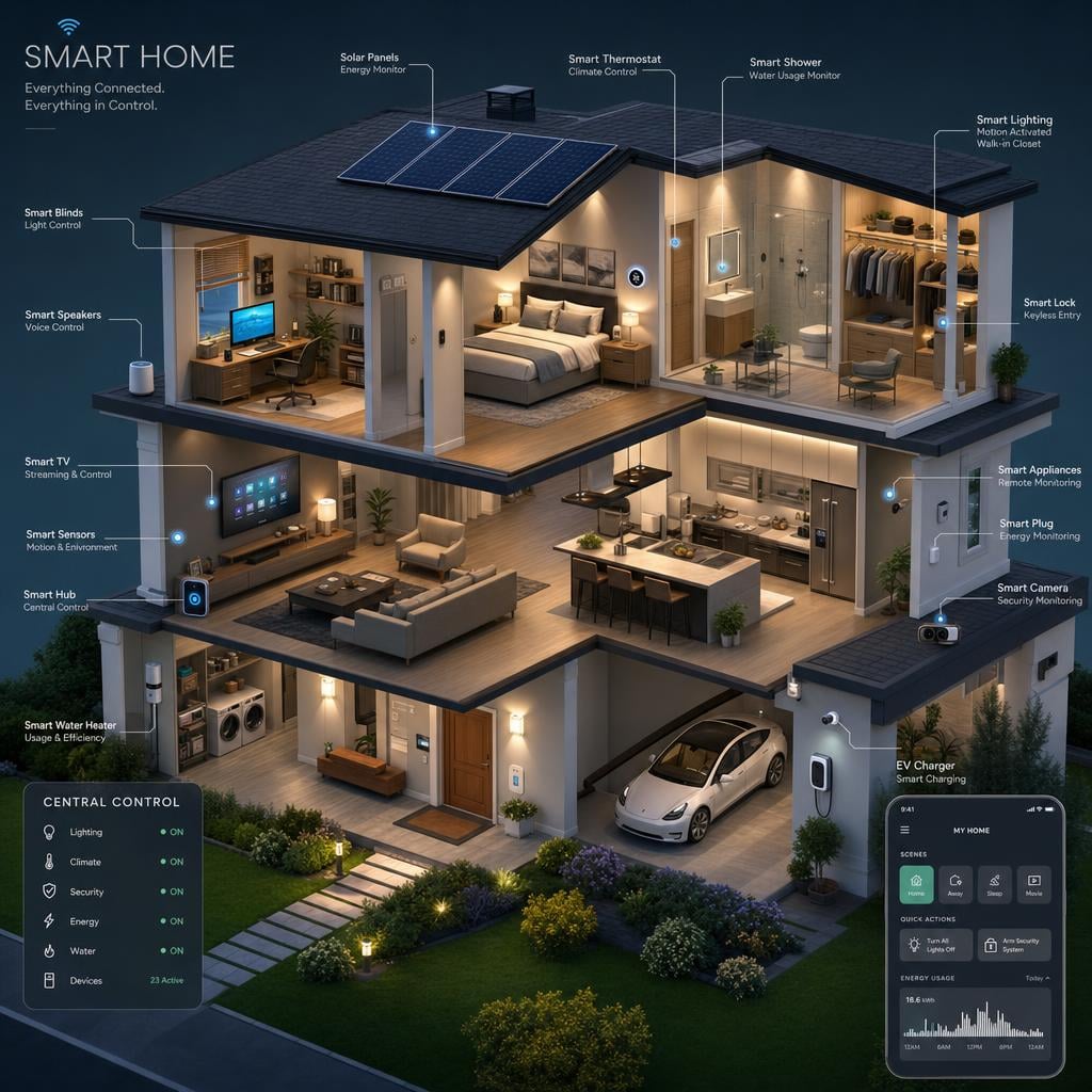 Ilustração isométrica detalhada em corte de uma casa inteligente de dois andares mostrando dispositivos conectados em cada cômodo, iluminação ambiente suave