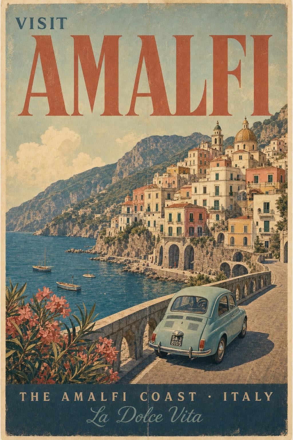 Cartaz de viagem vintage dos anos 60 da Costa Amalfitana com o título 'VISIT AMALFI' em letra serifada retro, paleta desbotada pelo sol