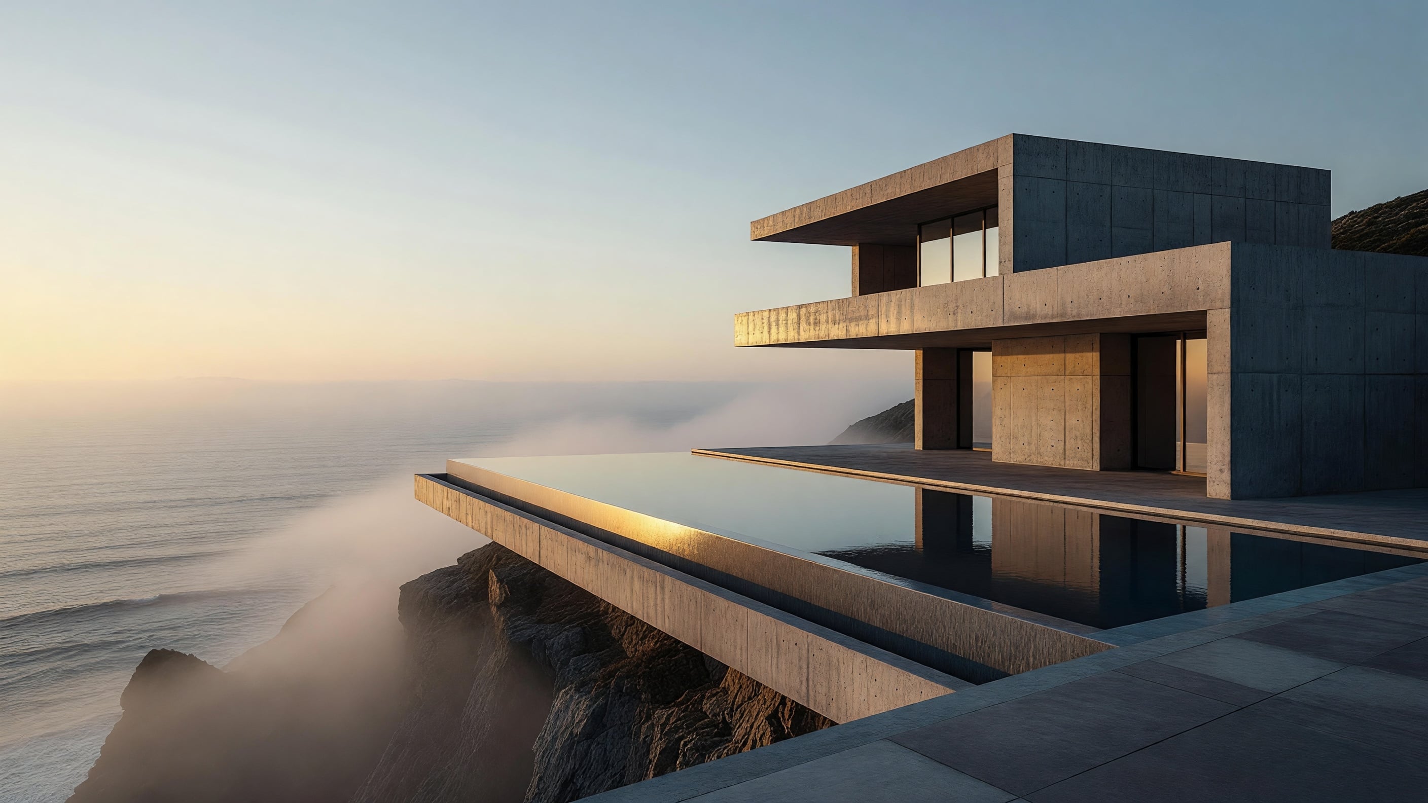 Architectural photograph of a brutalist concrete villa with an infinity pool merging into a foggy cliffside ocean view, golden hour rim light, impossibly clean composition