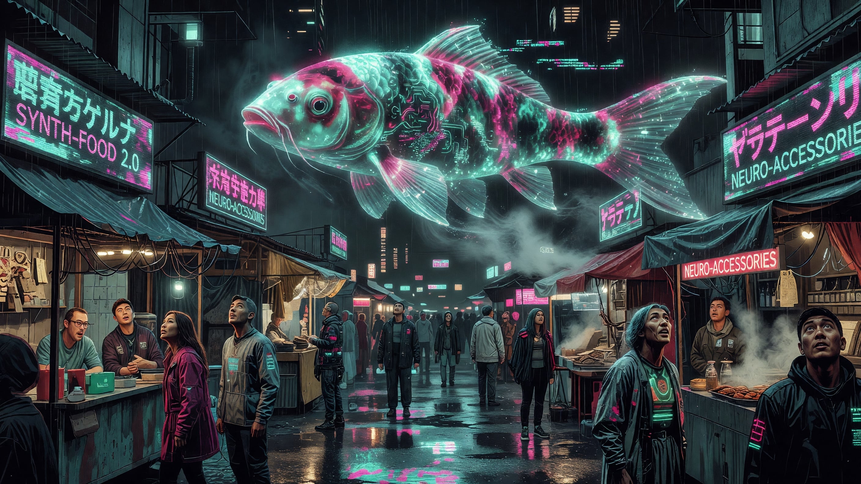 A glowing holographic koi fish swims through the air above a rainy cyberpunk street market, vendors looking up in wonder, rich teal and magenta palette, painterly sci-fi aesthetic