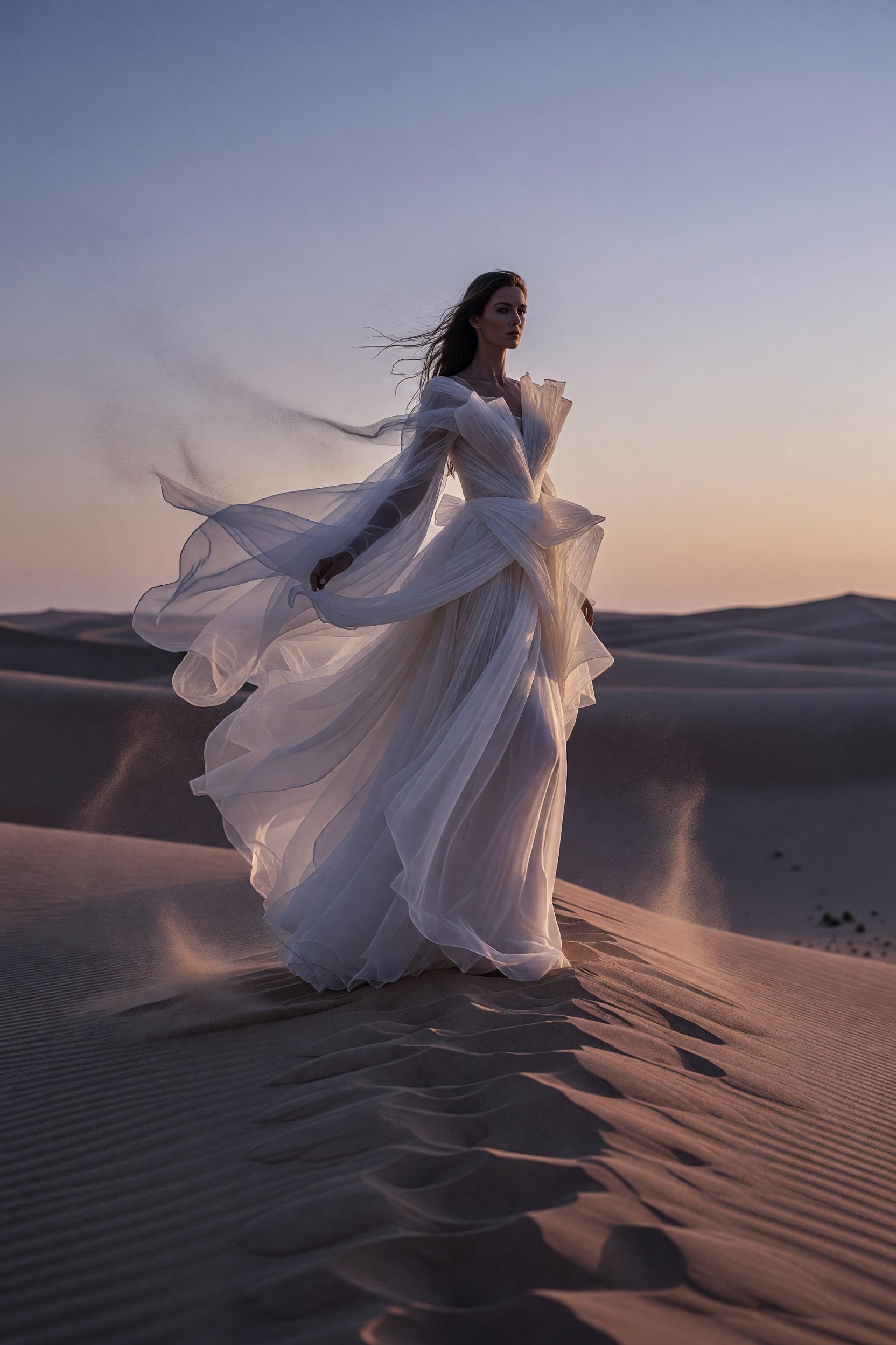 High-fashion editorial photo of a model in a sculptural white gown standing on rippled desert dunes at dusk, wind lifting the fabric, moody magazine-cover aesthetic