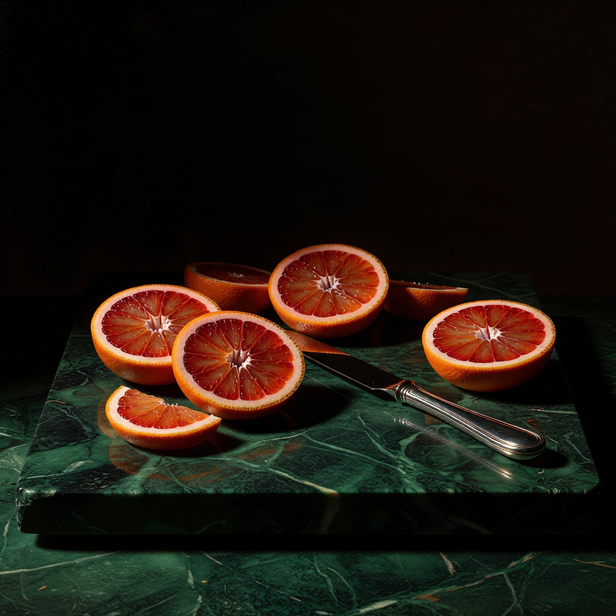 Minimal still life of sliced blood oranges on a green marble slab with a silver knife, dramatic chiaroscuro lighting, baroque painting mood in a modern photograph