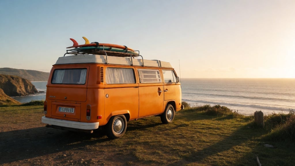 Ripresa grandangolare fotorealistica di un camper vintage arancione parcheggiato su una scogliera costiera durante l'ora d'oro, tavole da surf sul tetto, lunghe ombre sull'erba, fotografia di viaggio nitida