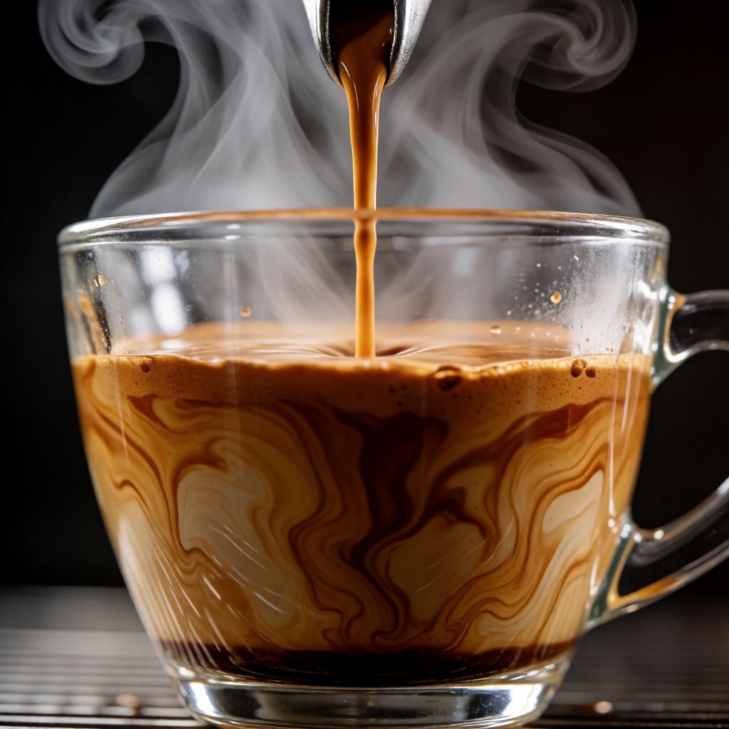 Fotografia macro di un espresso versato in una tazza di vetro, crema che vortica in nastri color caramello, vapore che si arriccia in controluce, messa a fuoco nitidissima, fotografia commerciale di caffè