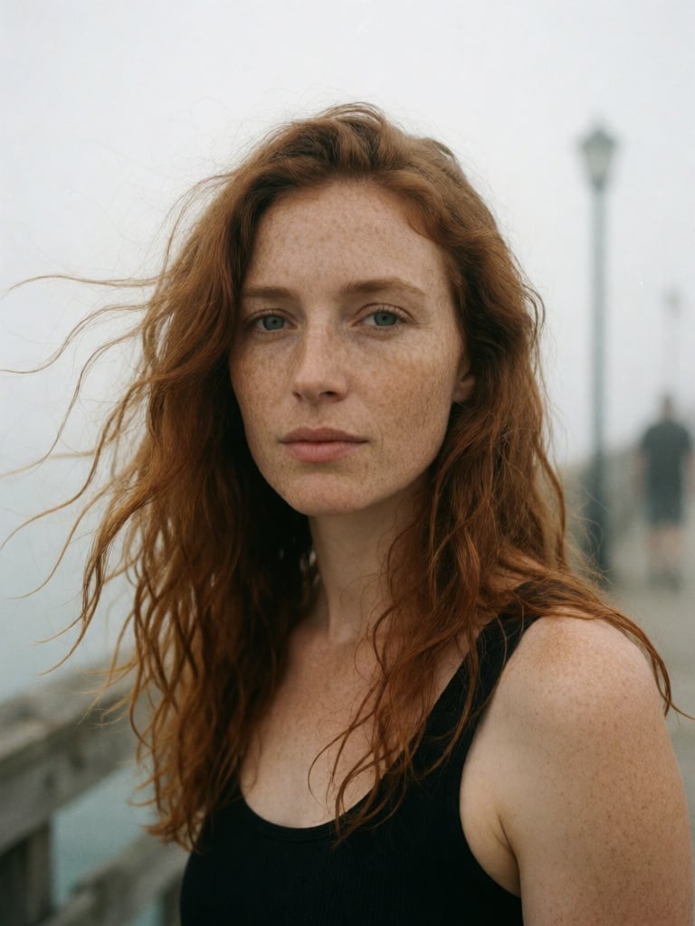 Ritratto fotorealistico in pellicola 35mm di una donna lentigginosa con capelli ramati scompigliati dal vento su un molo nebbioso, luce naturale coperta, grana sottile, sensazione documentaristica spontanea