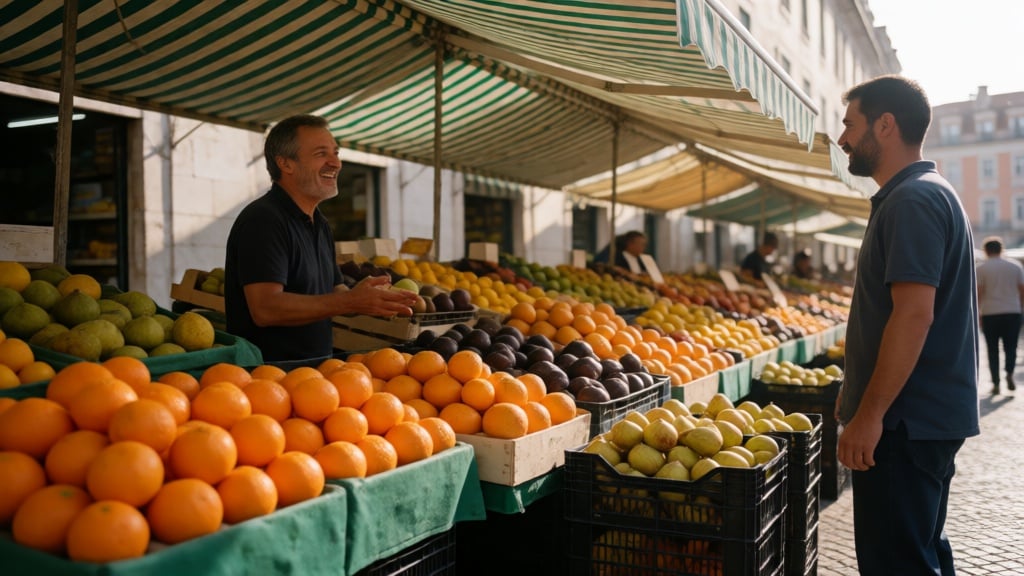 Foto di strada fotorealistica di un mercato della frutta di Lisbona illuminato dal sole al mattino presto, tende a righe, cassette di arance e fichi, un venditore che ride a metà conversazione, ricchi colori naturali