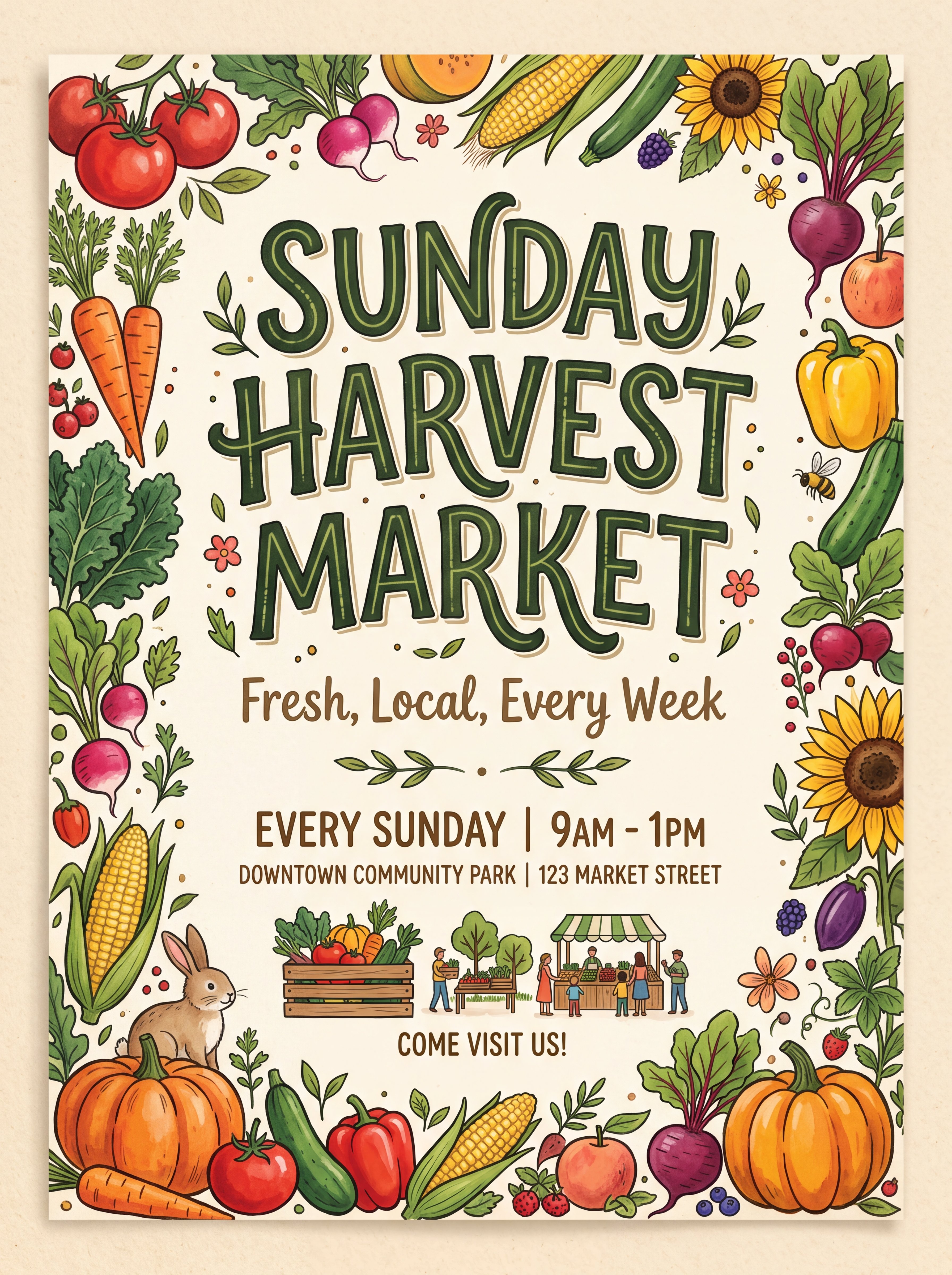 Poster for a farmers market that reads 'SUNDAY HARVEST MARKET' in bold hand-drawn lettering with 'Fresh, Local, Every Week' underneath, illustrated vegetables around the border, warm cream background