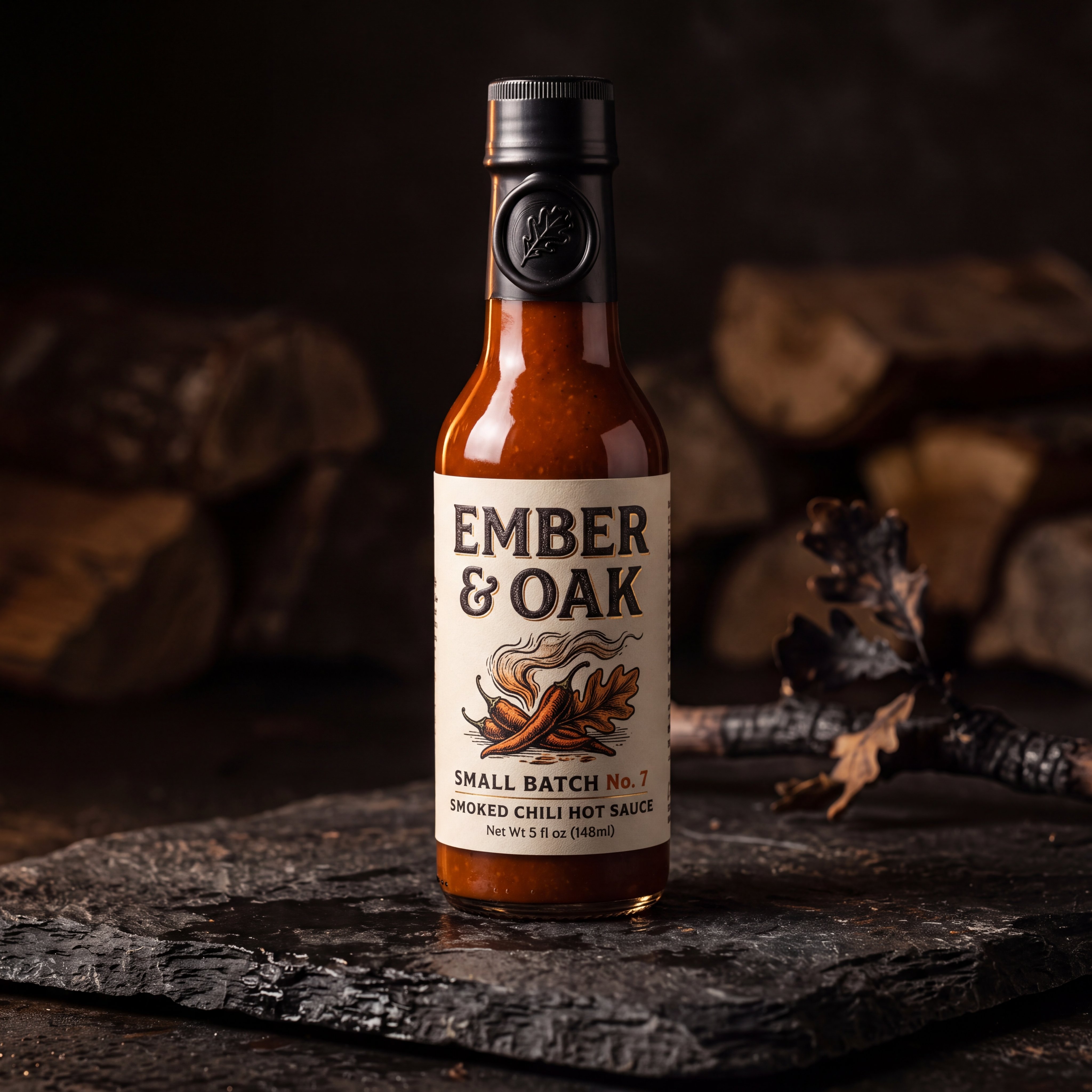 Product photo of a hot sauce bottle whose label reads 'EMBER & OAK' in embossed serif type with 'Small Batch No. 7' below, smoked chili illustration, dramatic studio lighting on slate