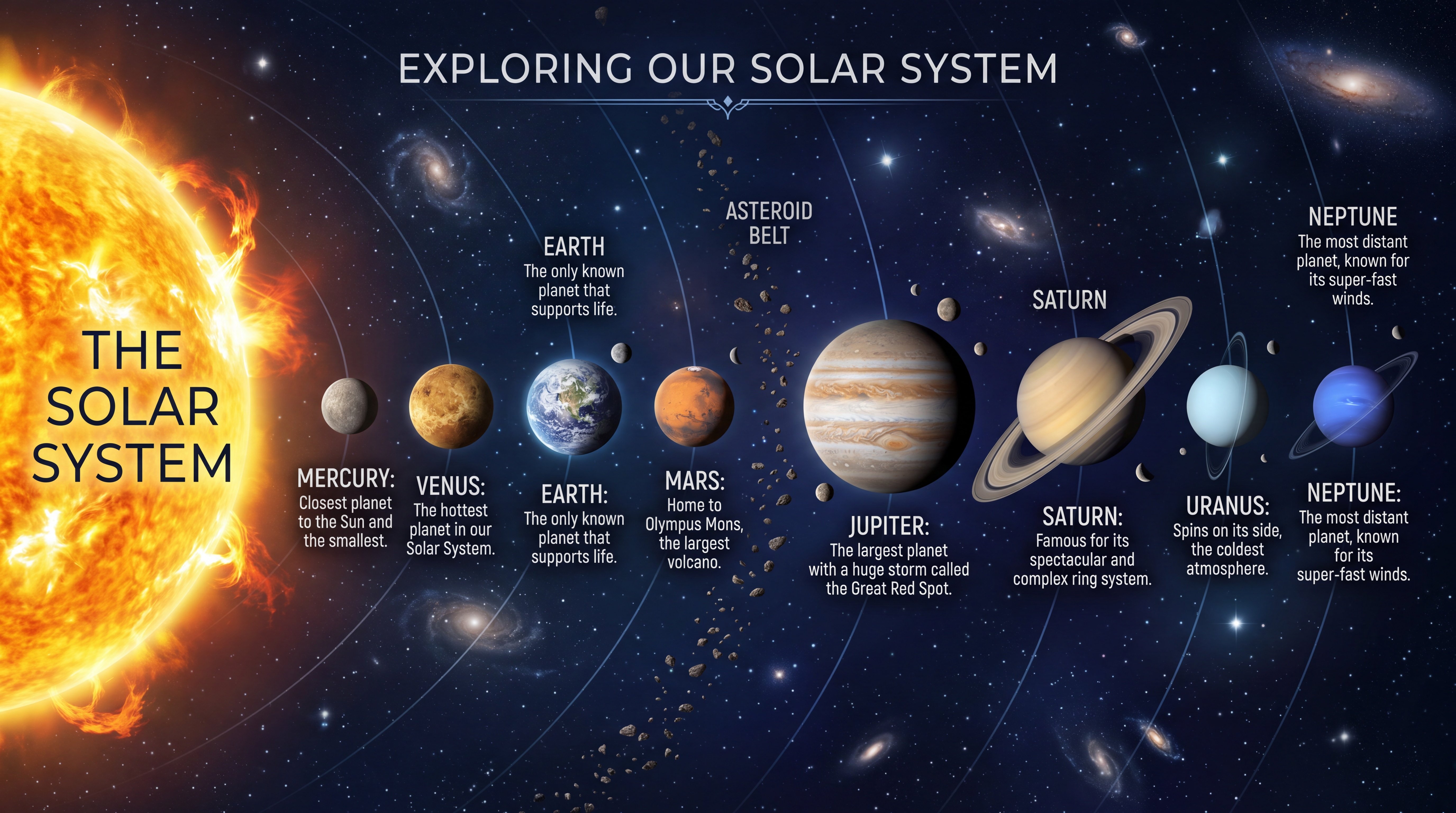 Educational infographic of the solar system with each planet labeled by name and one fun fact, clean sans-serif typography, accurate relative sizes, deep navy background