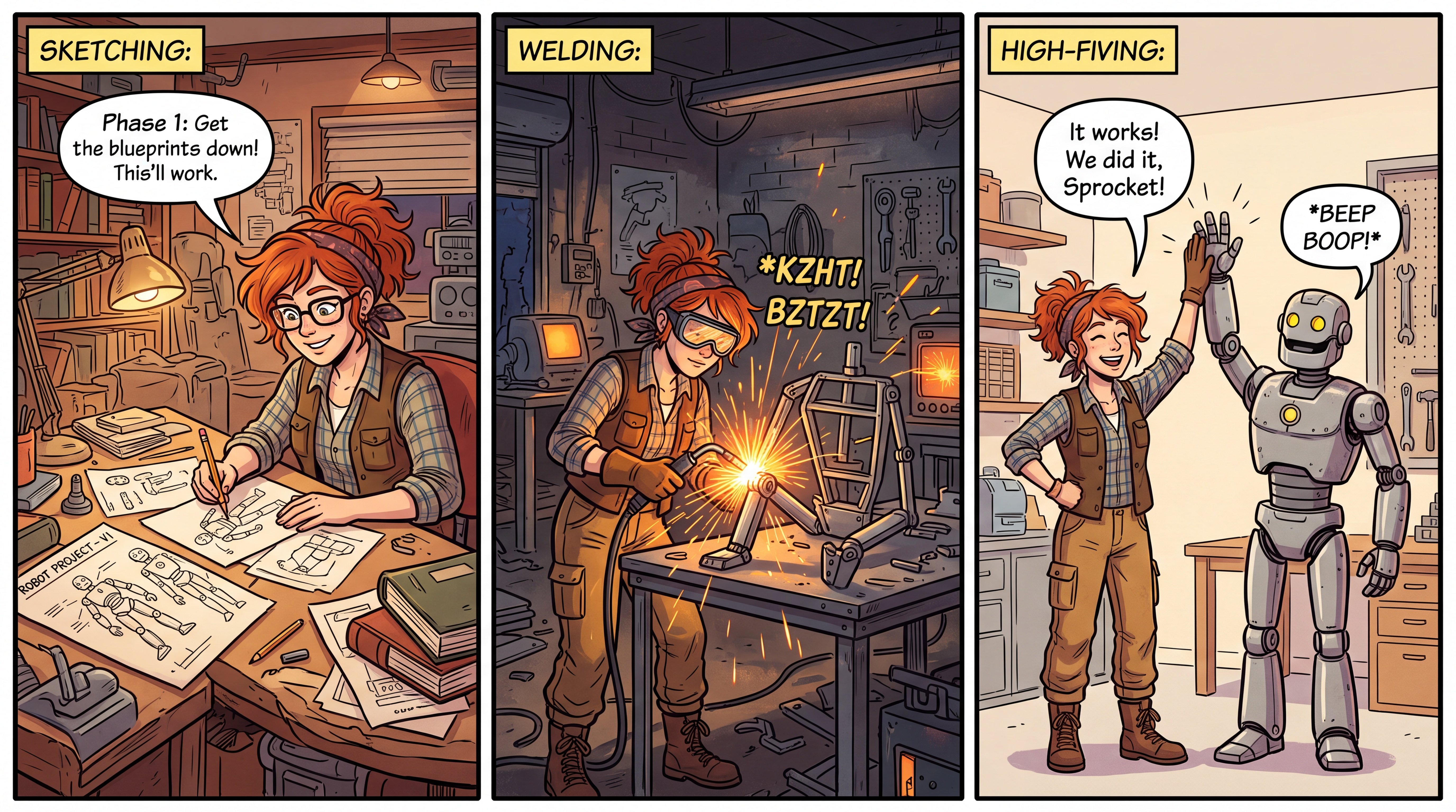 Three-panel comic strip of the same red-haired inventor: sketching a robot at her desk, welding it in a spark-filled garage, and high-fiving the finished robot, consistent character across all panels