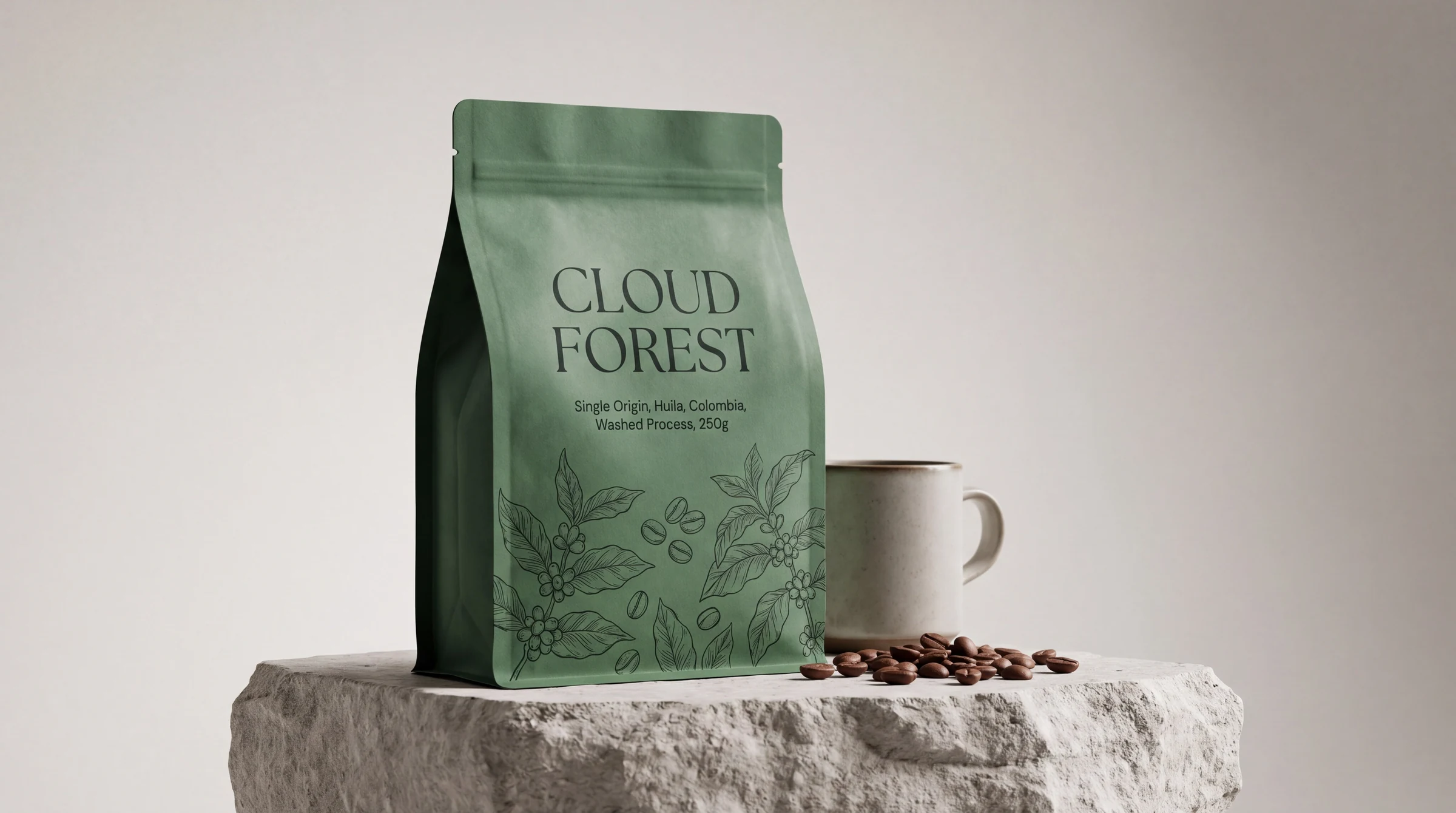 Foto de estúdio em ângulo amplo de embalagem de café premium com a inscrição 'CLOUD FOREST' em serifa moderna com 'Single Origin, Huila, Colombia, Washed Process, 250g' em fonte pequena e limpa, ilustração botânica de linha, saco verde-floresta fosco sobre pedra, composição horizontal cinematográfica