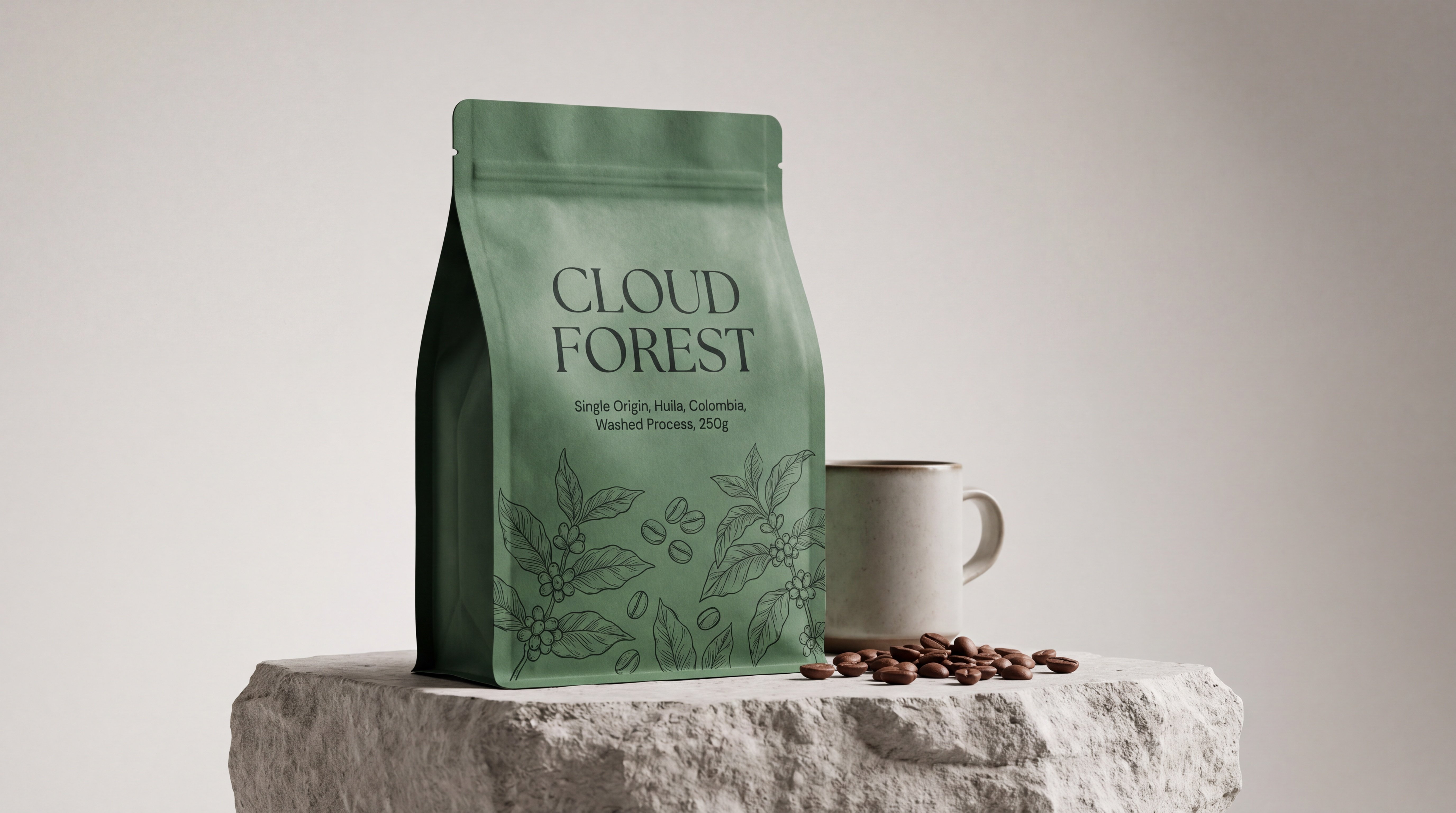 Foto de estúdio em ângulo aberto de embalagem de café premium com o texto 'CLOUD FOREST' em fonte serifada moderna, com 'Single Origin, Huila, Colombia, Washed Process, 250g' em letras pequenas e limpas, ilustração botânica linear, embalagem verde-floresta fosca sobre pedra, composição horizontal cinematográfica