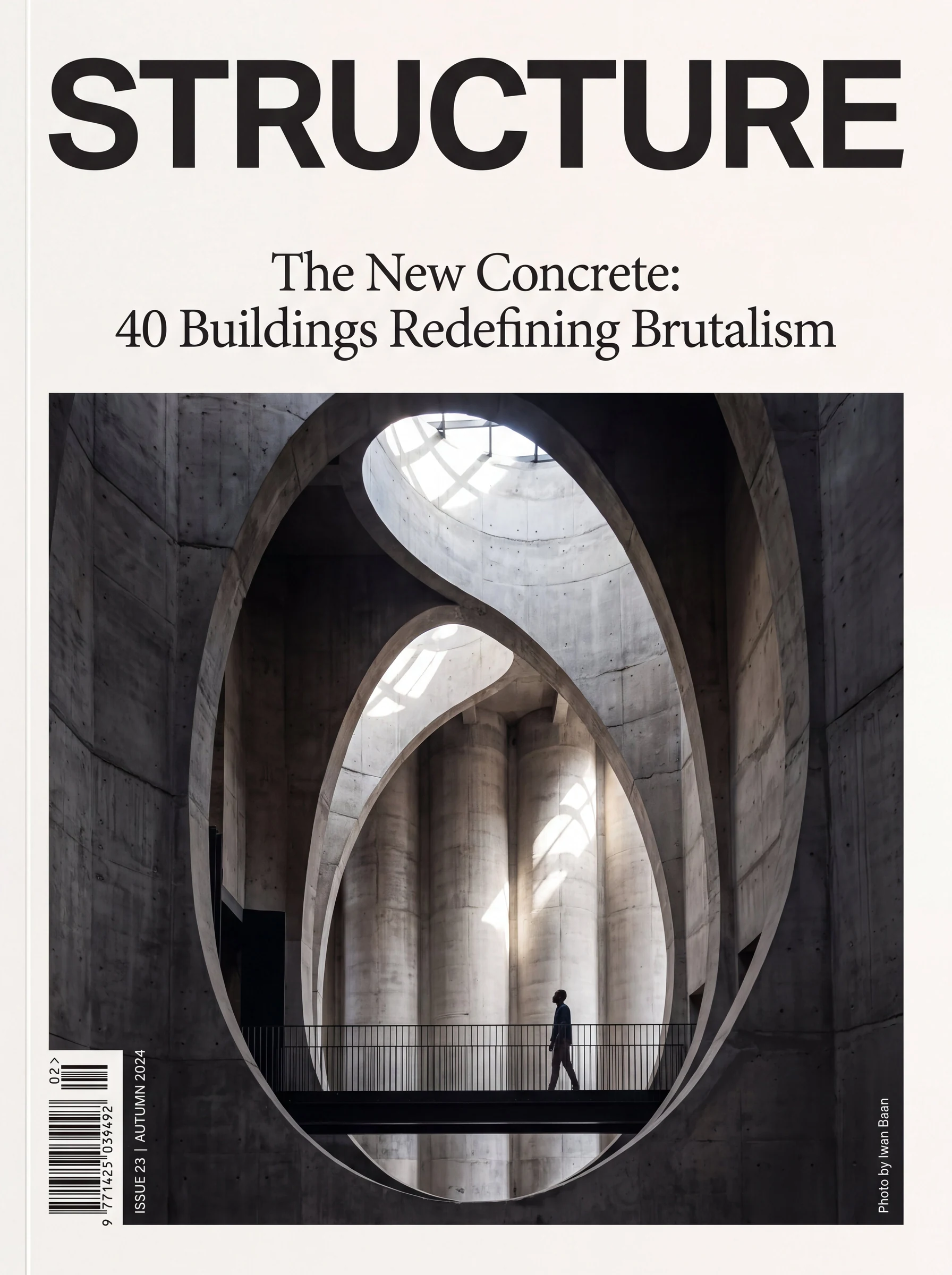 Capa de revista intitulada 'STRUCTURE' com a manchete 'The New Concrete: 40 Buildings Redefining Brutalism' em tipografia editorial requintada, foto dramática de um átrio de museu de concreto curvo, código de barras e data da edição no canto
