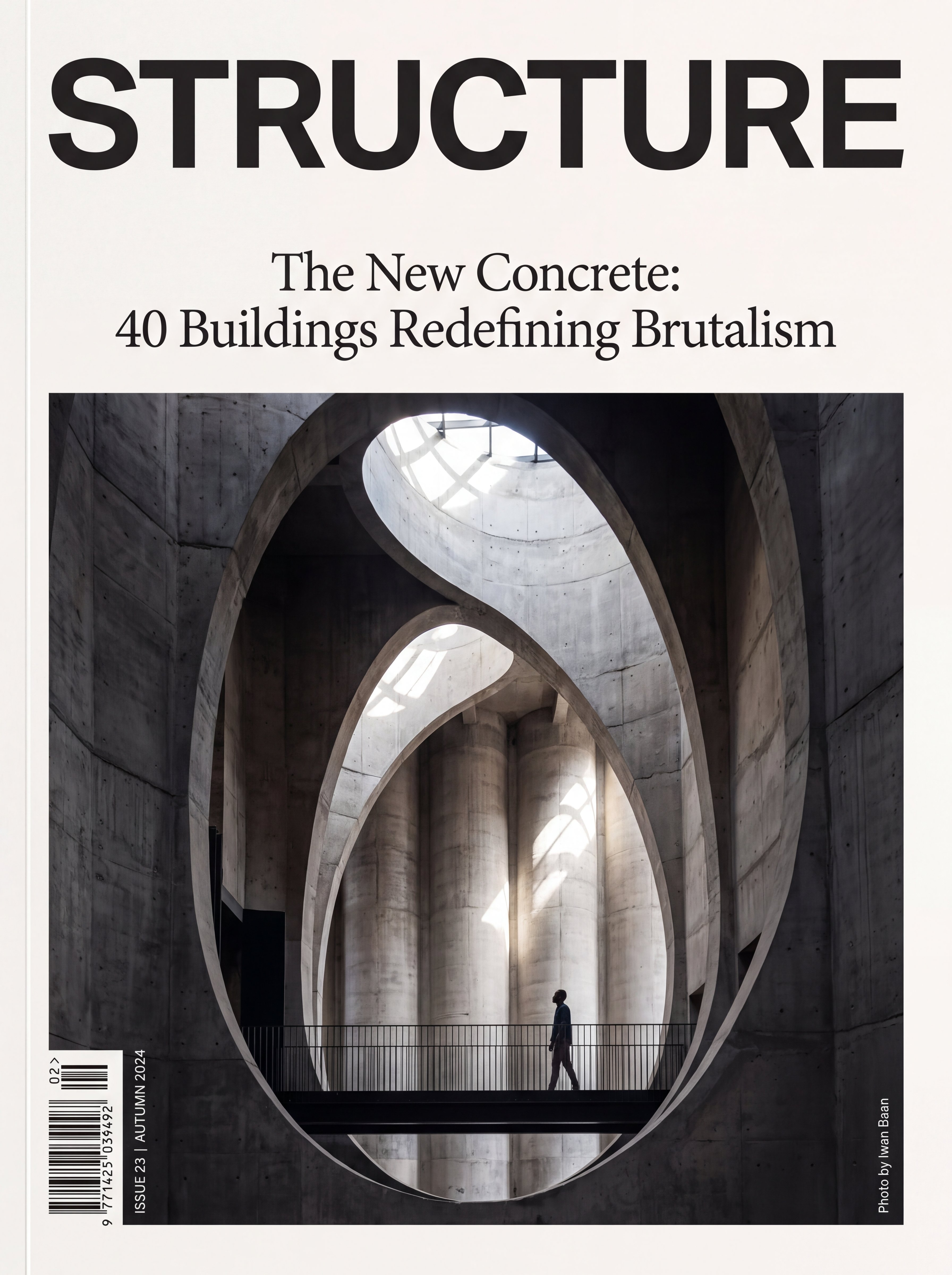 Capa de revista intitulada 'STRUCTURE' com a manchete 'The New Concrete: 40 Buildings Redefining Brutalism' em tipografia editorial requintada, foto dramática de um átrio de museu de concreto curvo, código de barras e data da edição no canto