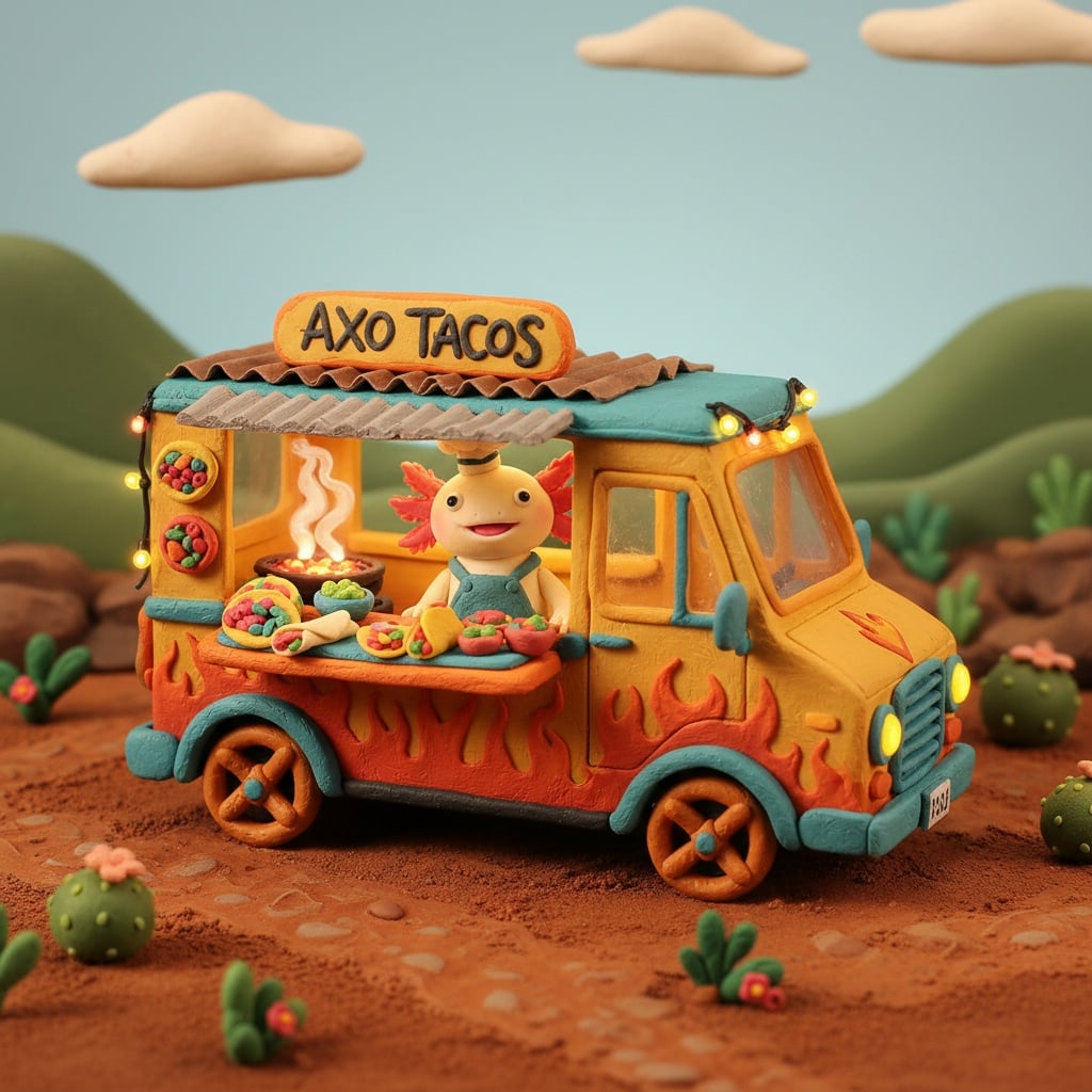 Cena charmosa em estilo claymation de um pequeno caminhão de taco operado por um chef axolote sorridente, texturas moldadas à mão, iluminação quente de diorama em miniatura