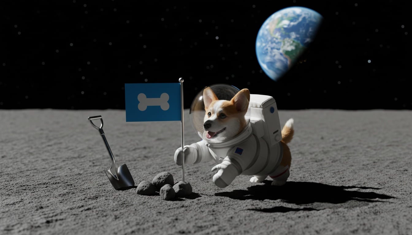 Um corgi com um pequeno traje de astronauta plantando uma bandeira com um emblema de osso na lua, a Terra brilhando no céu negro ao fundo, estilo fotorrealista divertido