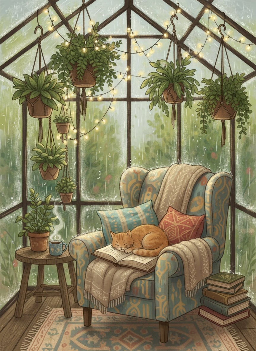 Cena ilustrada aconchegante de um recanto de leitura dentro de uma estufa de vidro durante a chuva, luzes de fada presas entre plantas pendentes, um gato dormindo sobre um livro aberto, estilo suave de livro de histórias
