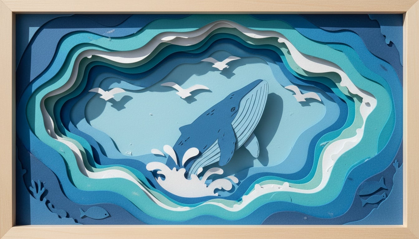 Arte de recorte de papel em camadas de uma cena oceânica com uma baleia saltando entre as ondas, gaivotas acima, profundidade criada por sombras de papel sobreposto, estética artesanal