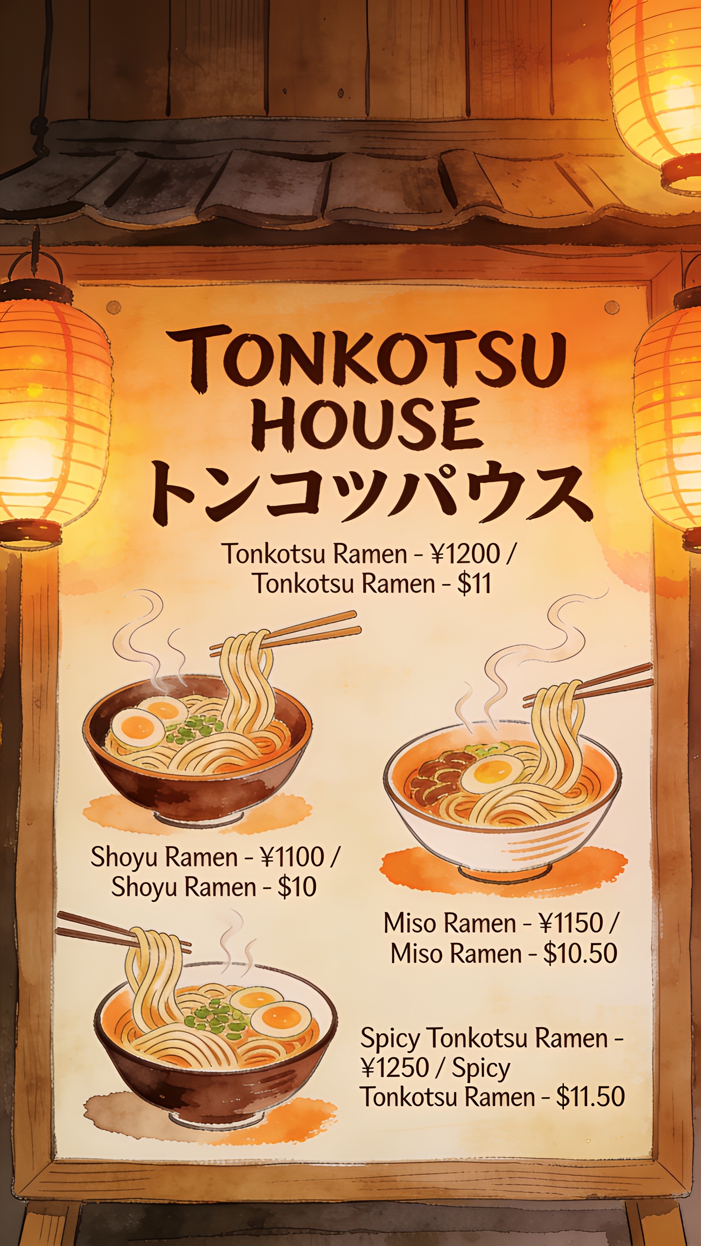Design de um menu de lamen com 'TONKOTSU HOUSE' em inglês e katakana japonês, quatro pratos listados com preços em ambos os idiomas, ilustrações de macarrão pintadas à mão, estilo izakaya iluminado por lanternas quentes