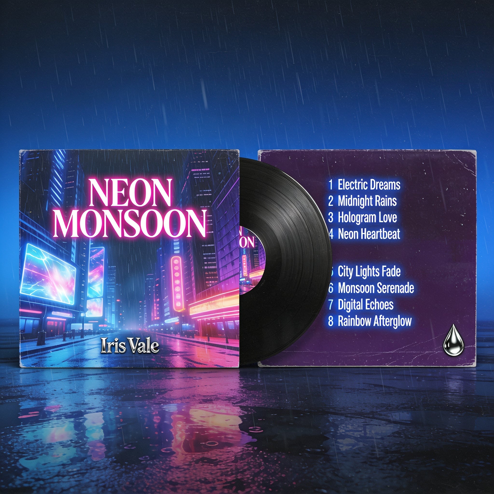 Design de capa de álbum de vinil intitulado 'NEON MONSOON' com o nome do artista 'Iris Vale' em letras cromadas, lista de oito músicas impressa no layout estilo verso da capa, arte de cidade retro-futurista na chuva
