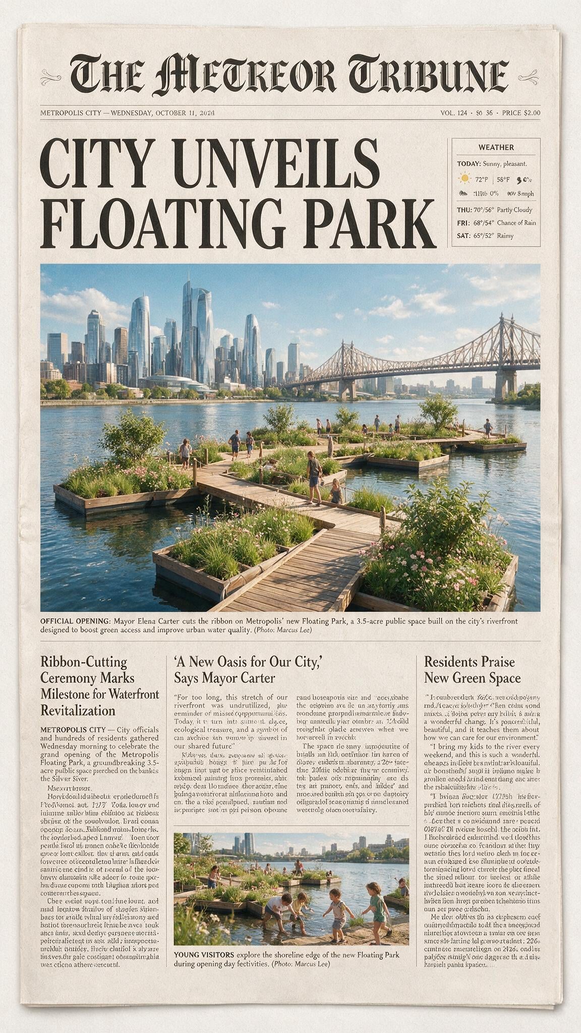 Front page of a fictional broadsheet newspaper 'THE METEOR TRIBUNE' with headline 'CITY UNVEILS FLOATING PARK', multiple columns of legible body text, photo captions, weather box, masthead in blackletter