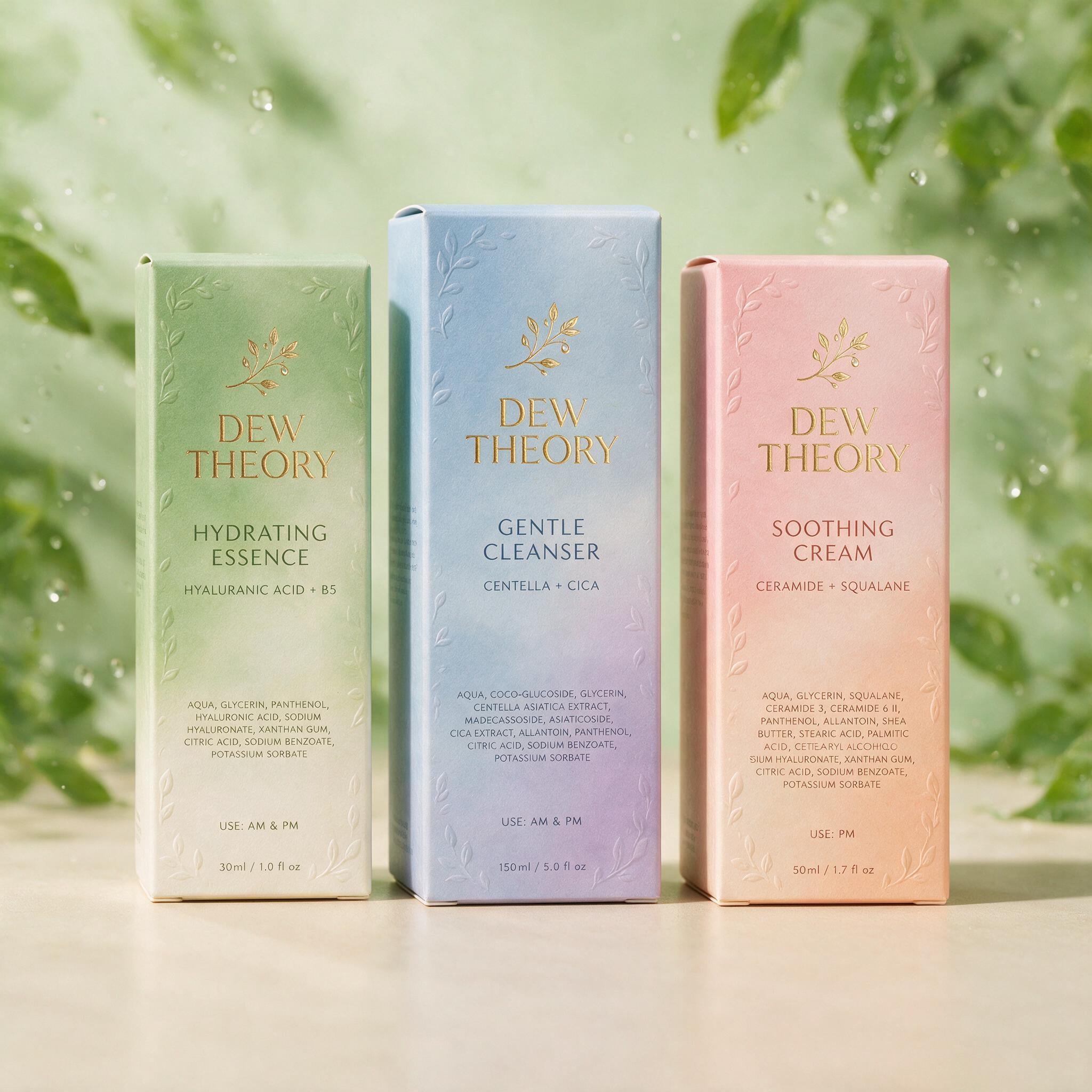 Product packaging design system for a skincare brand 'DEW THEORY': three boxes with layered label typography, ingredient lists in fine print, soft studio lighting, pastel gradient palette
