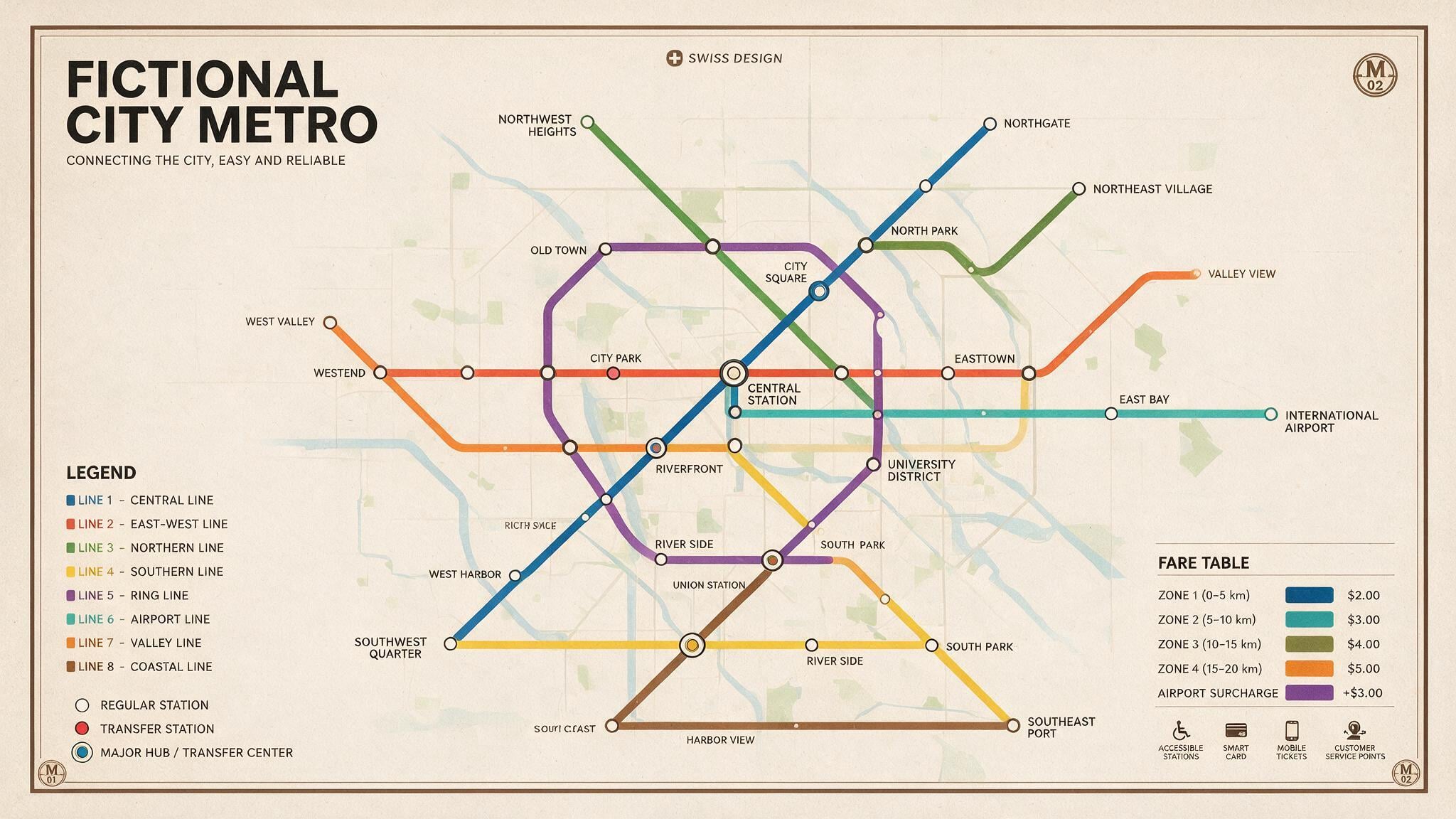 Stylized metro transit map poster for a fictional city with eight color-coded lines, station names in a clean grotesque typeface, legend and fare table, Swiss design poster layout