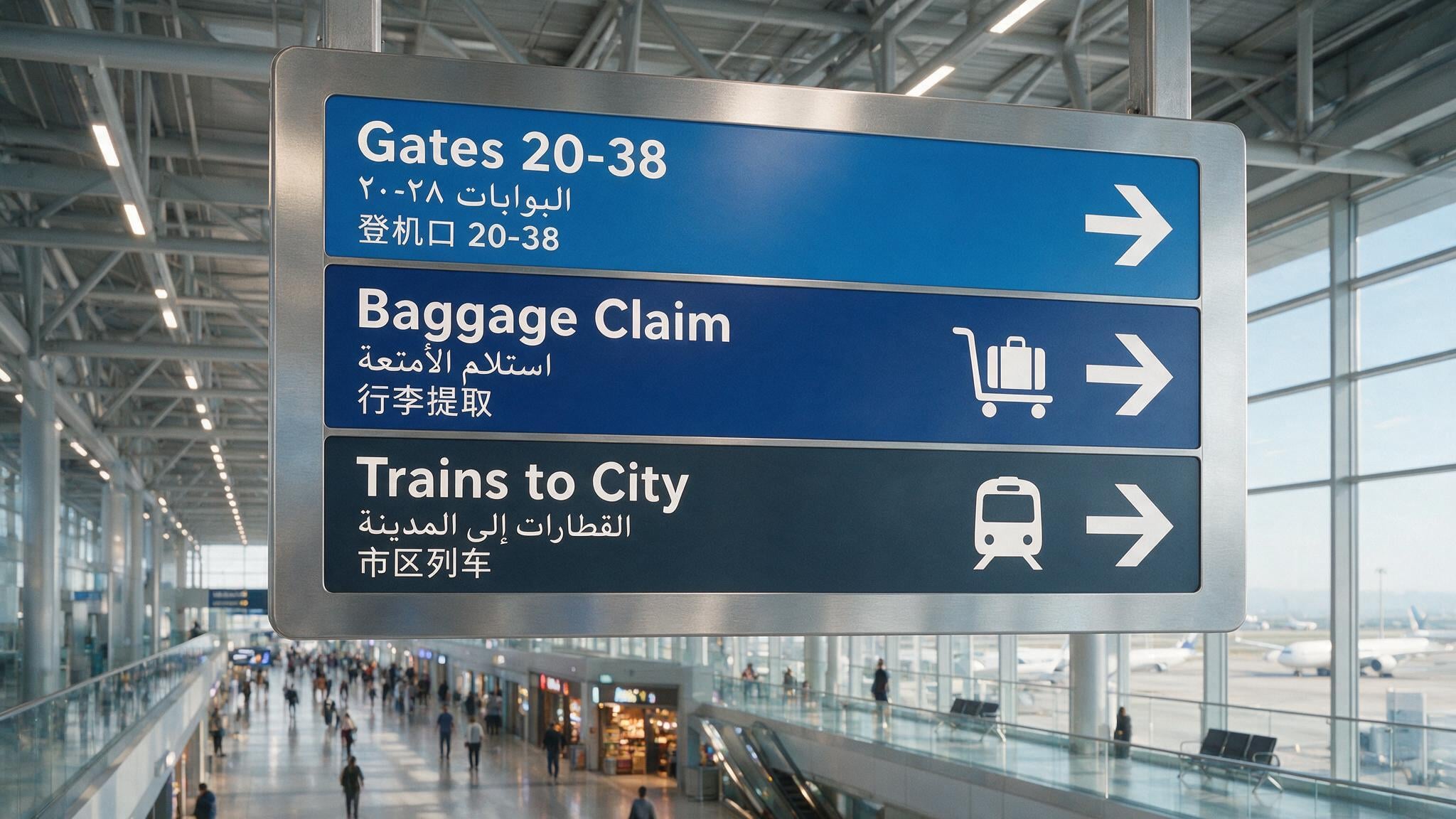 Modern airport wayfinding sign design with 'Gates 20-38', 'Baggage Claim', and 'Trains to City' rendered in English, Arabic, and Mandarin, clean pictograms, brushed metal panel, photorealistic